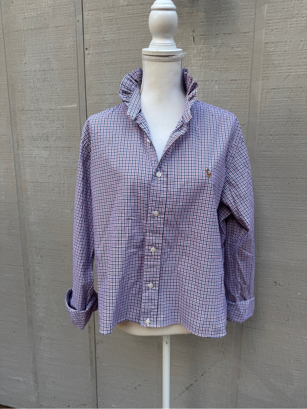 Ralph Lauren Blue Red White Plaid Refashioned Ruffled Cropped Button-Down Shirt